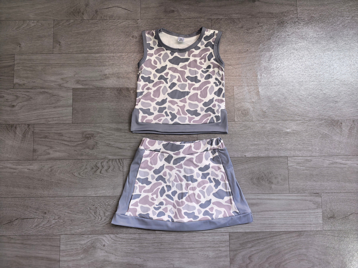 Sleeveless grey camo top skirt girls summer active set