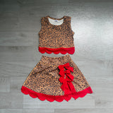 Sleeveless leopard red scallop girls summer active wear set
