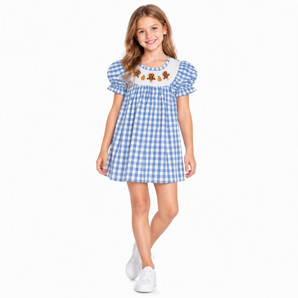 Plaid turkey pumpkin smocked girls Thanksgiving dress