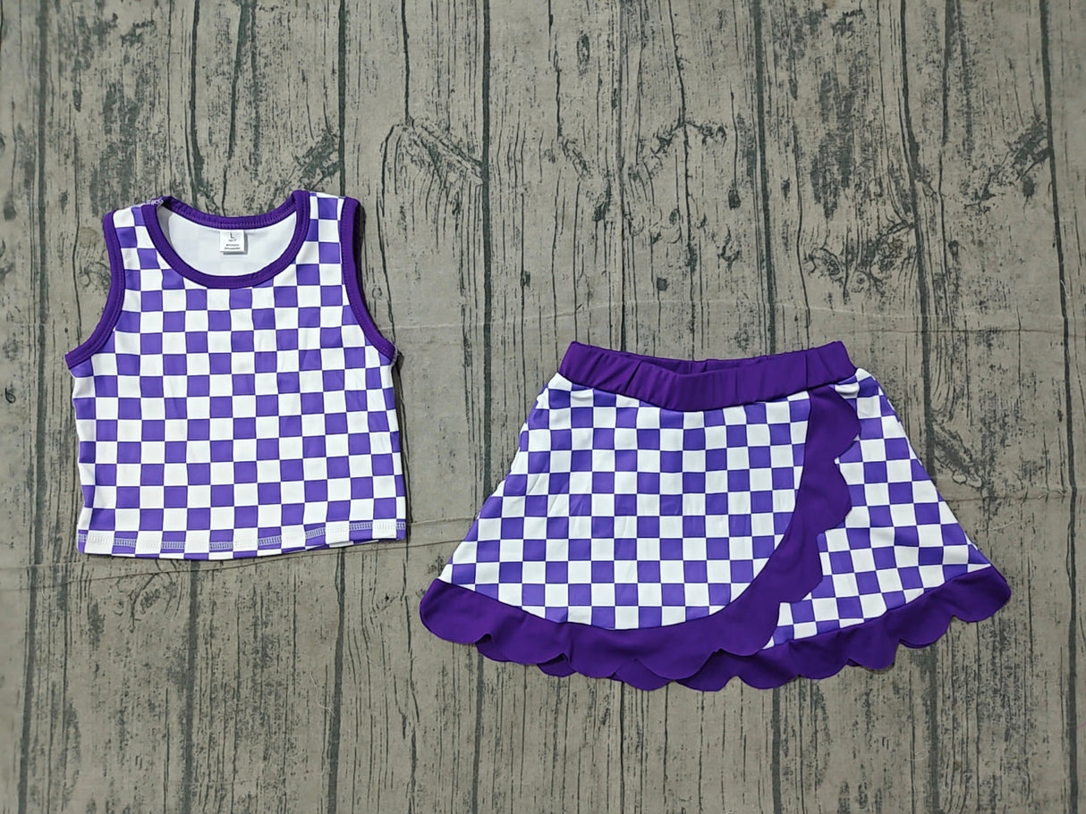 Scallop blue plaid girls summer team active wear set