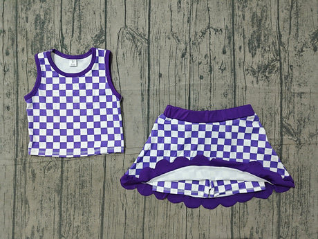 Scallop blue plaid girls summer team active wear set