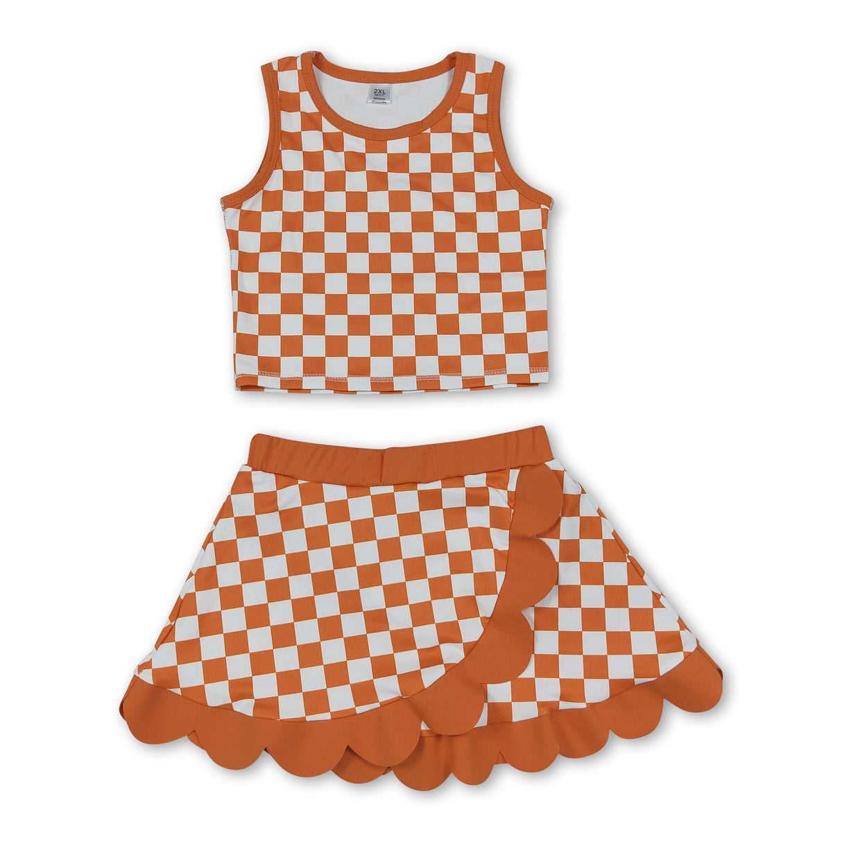 Sleeveless orange plaid scallop girls team active wear set