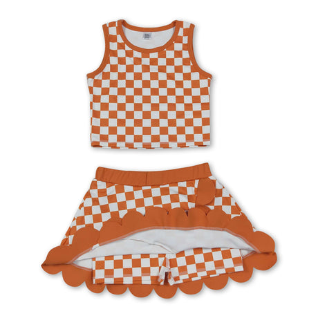 Sleeveless orange plaid scallop girls team active wear set