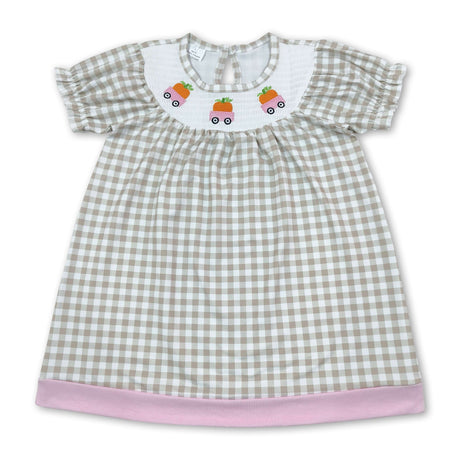 Short sleeves plaid pumpkin smocked girls fall dress