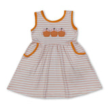 Sleeveless stripe pumpkin bow embroidery girls fall dress