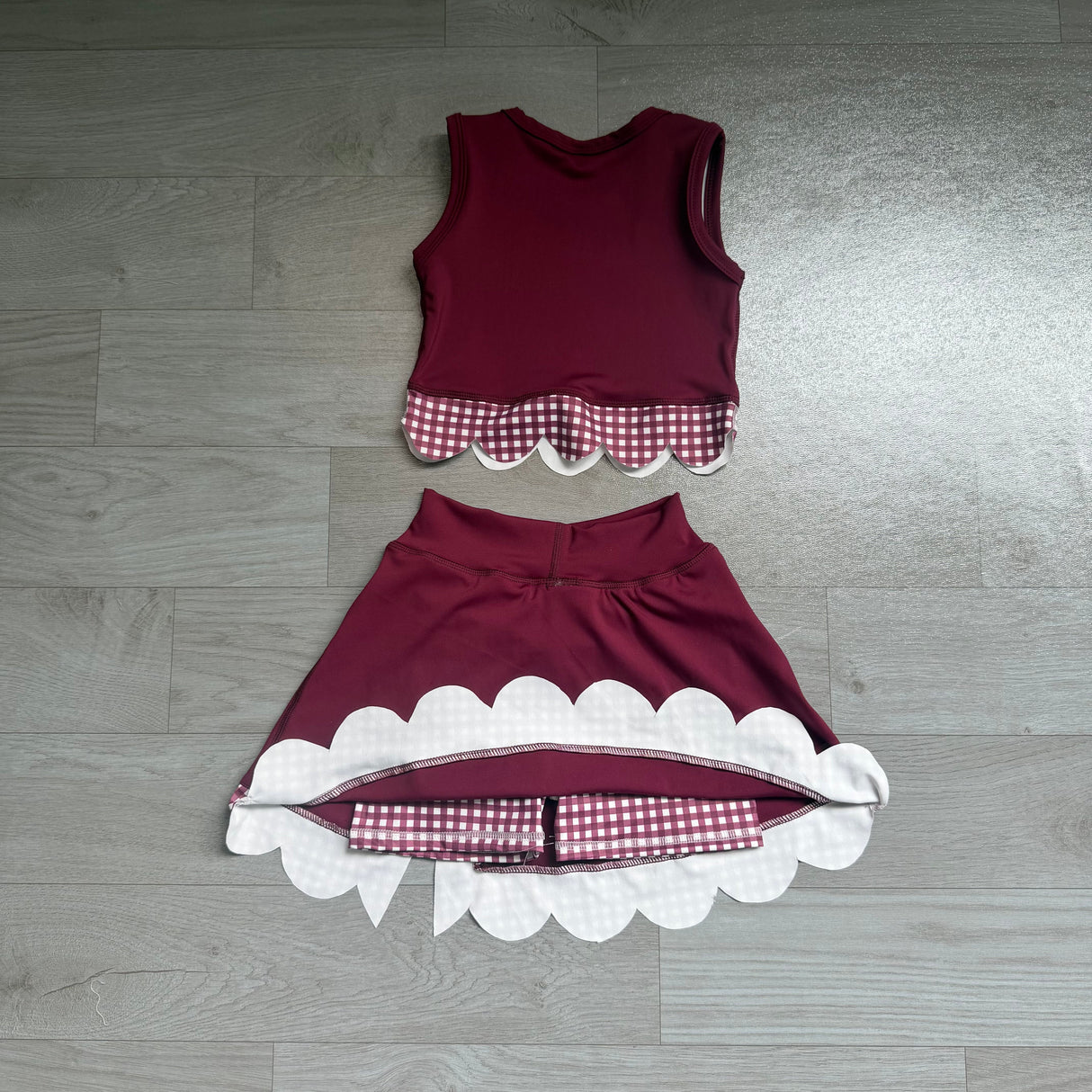 Sleeveless maroon plaid scallop girls summer active wear set