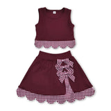 Sleeveless maroon plaid scallop girls summer active wear set
