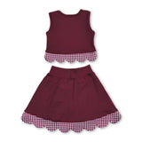 Sleeveless maroon plaid scallop girls summer active wear set