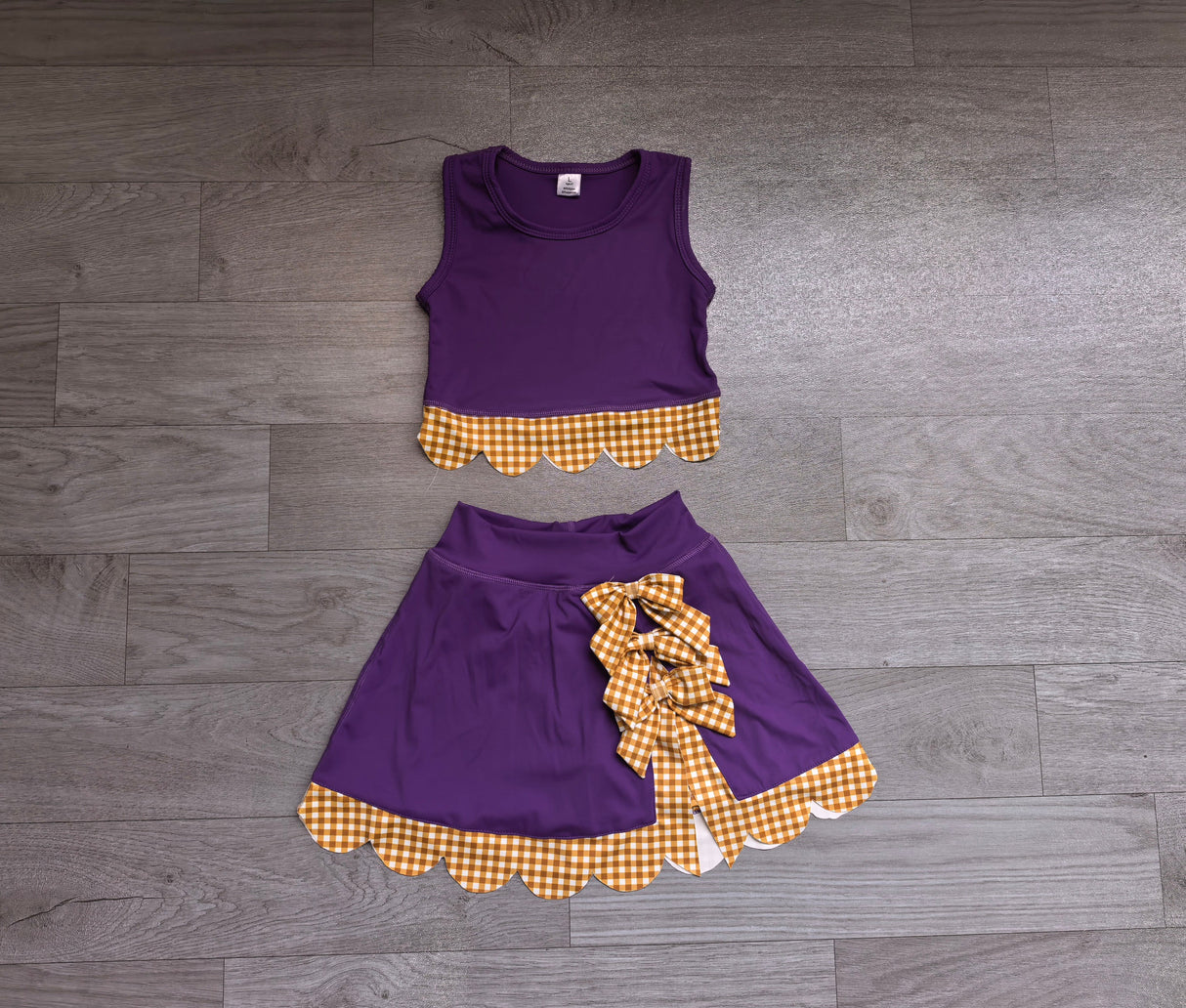 Sleeveless plaid scallop purple girls summer active wear set