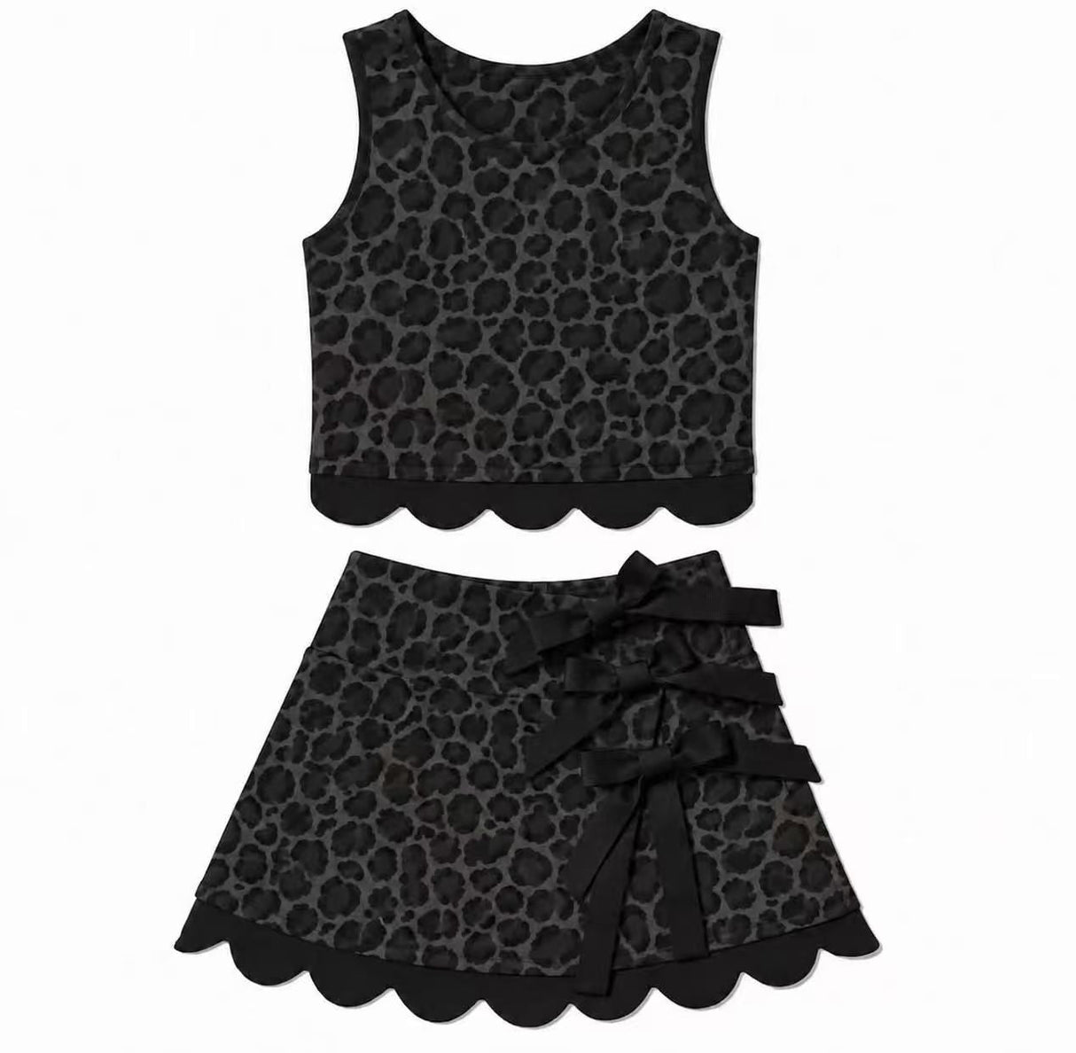 Sleeveless black leopard scallop top skirt girls active set
