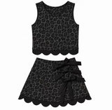 Sleeveless black leopard scallop top skirt girls active set
