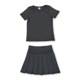 Short sleeves black top pleated skirt girls active wear set