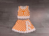 Sleeveless orange T plaid scallop girls team active wear set
