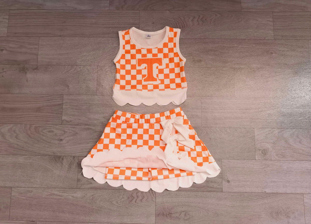 Sleeveless orange T plaid scallop girls team active wear set