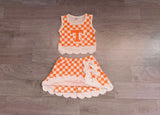 Sleeveless orange T plaid scallop girls team active wear set
