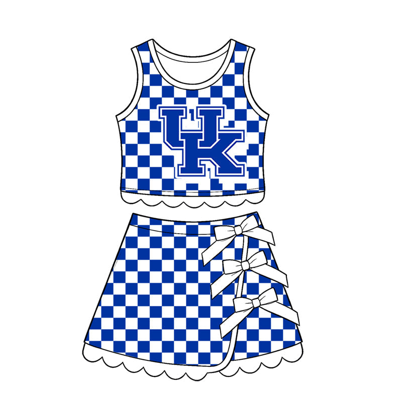 Sleeveless blue U K plaid scallop girls team active wear set