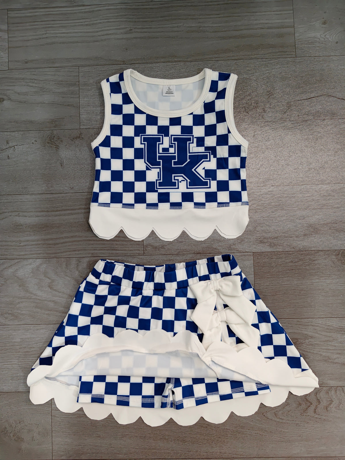 Sleeveless blue U K plaid scallop girls team active wear set