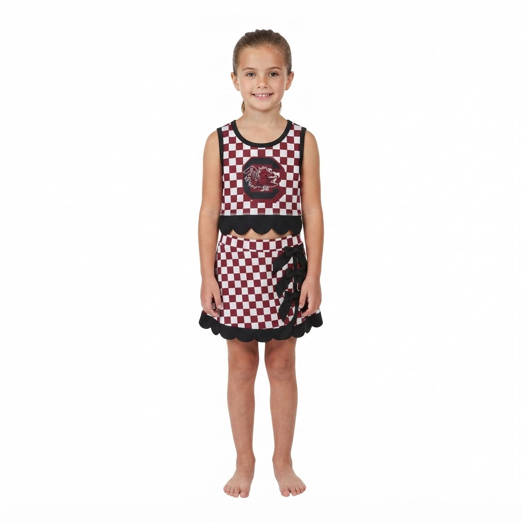 Sleeveless maroon C plaid scallop girls team active wear set