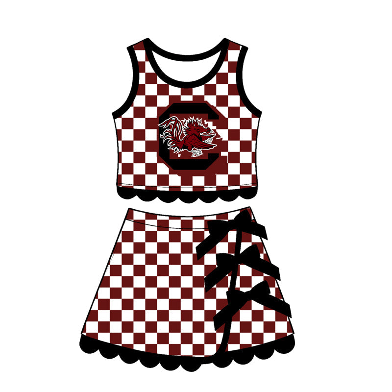 Sleeveless maroon C plaid scallop girls team active wear set