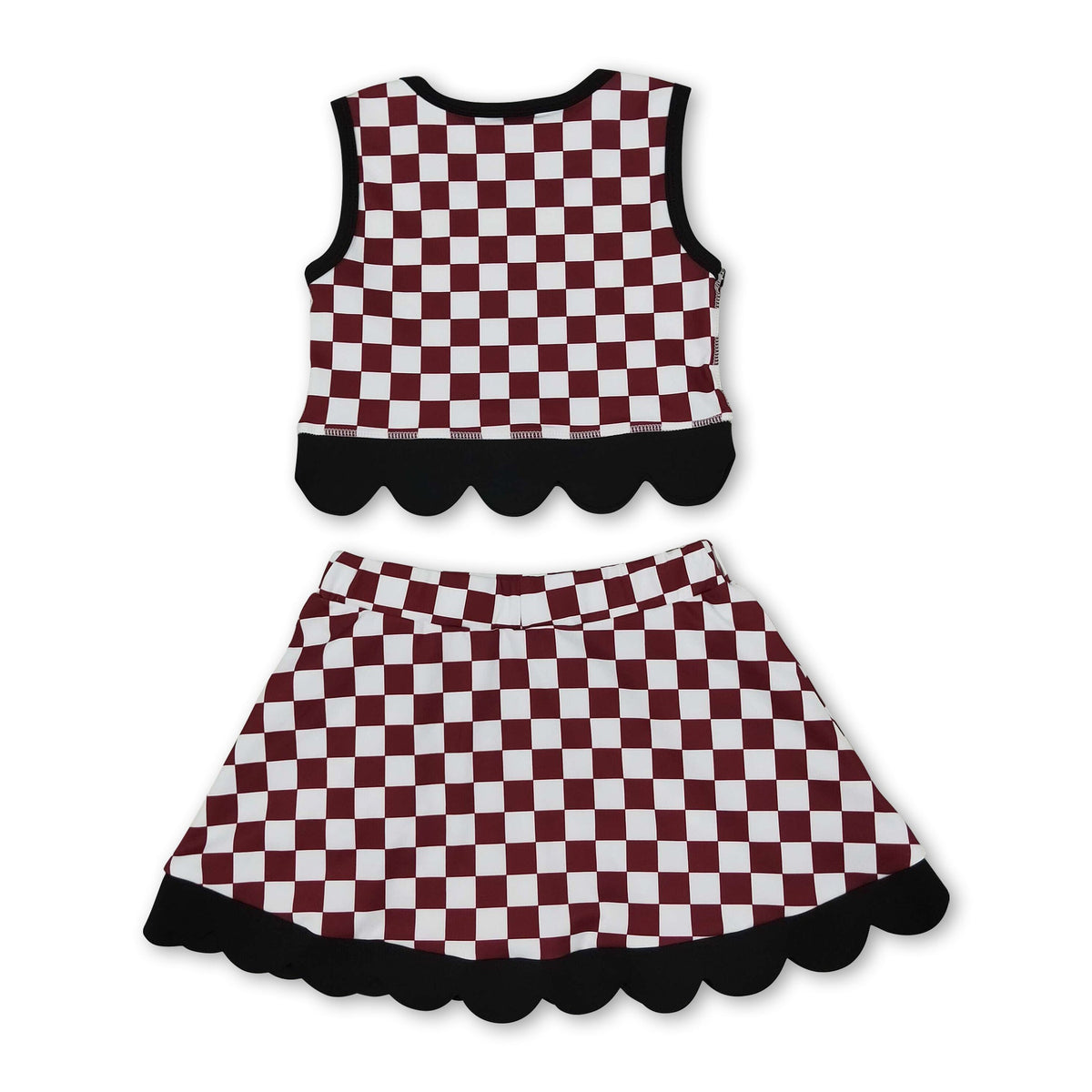 Sleeveless maroon C plaid scallop girls team active wear set