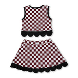 Sleeveless maroon C plaid scallop girls team active wear set