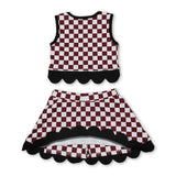 Sleeveless maroon C plaid scallop girls team active wear set