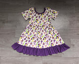 Short sleeves purple ruffle leopard girls Mardi Gras dress
