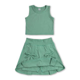 Sleeveless green crop top bow skirt kids girls summer active set