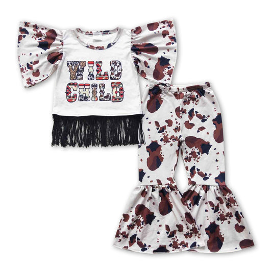 Wild child tassels cow print kids girls outfits