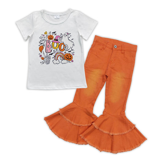 Boo ghost shirt orange washed jeans girls Halloween clothes
