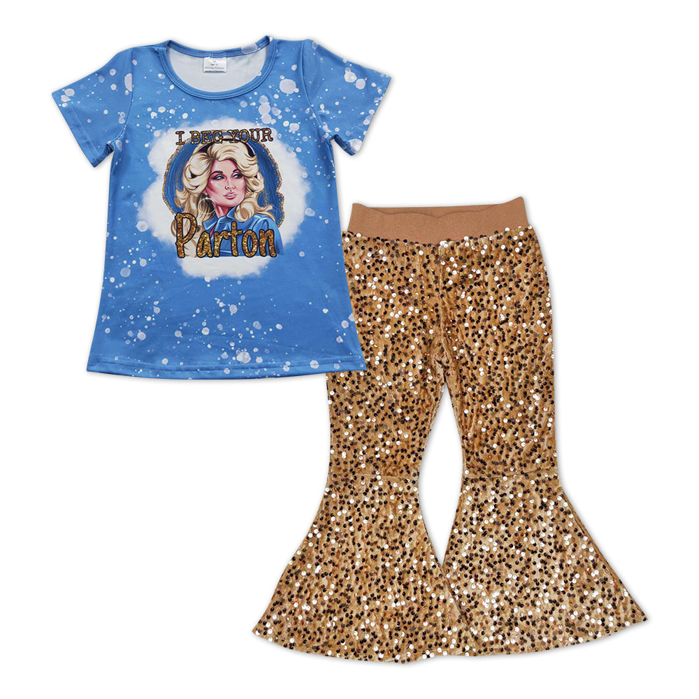 Short sleeves blue top gold sequin pants singer girls clothes