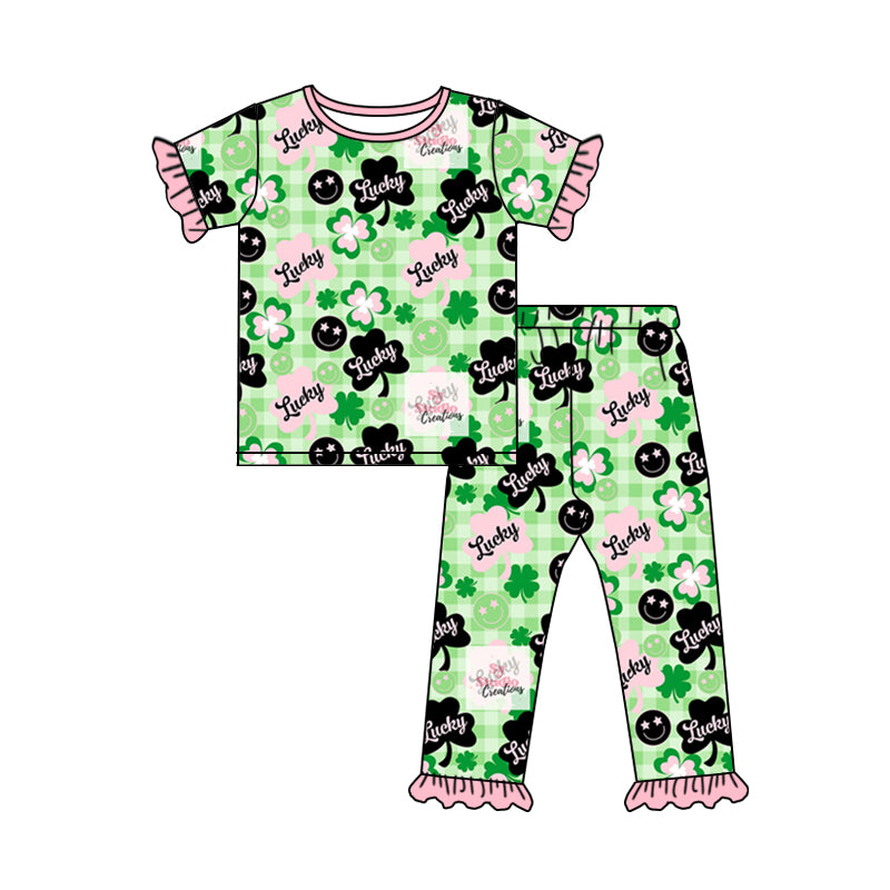 Ruffle short sleeves plaid lucky clover girls st patrick's day pajamas