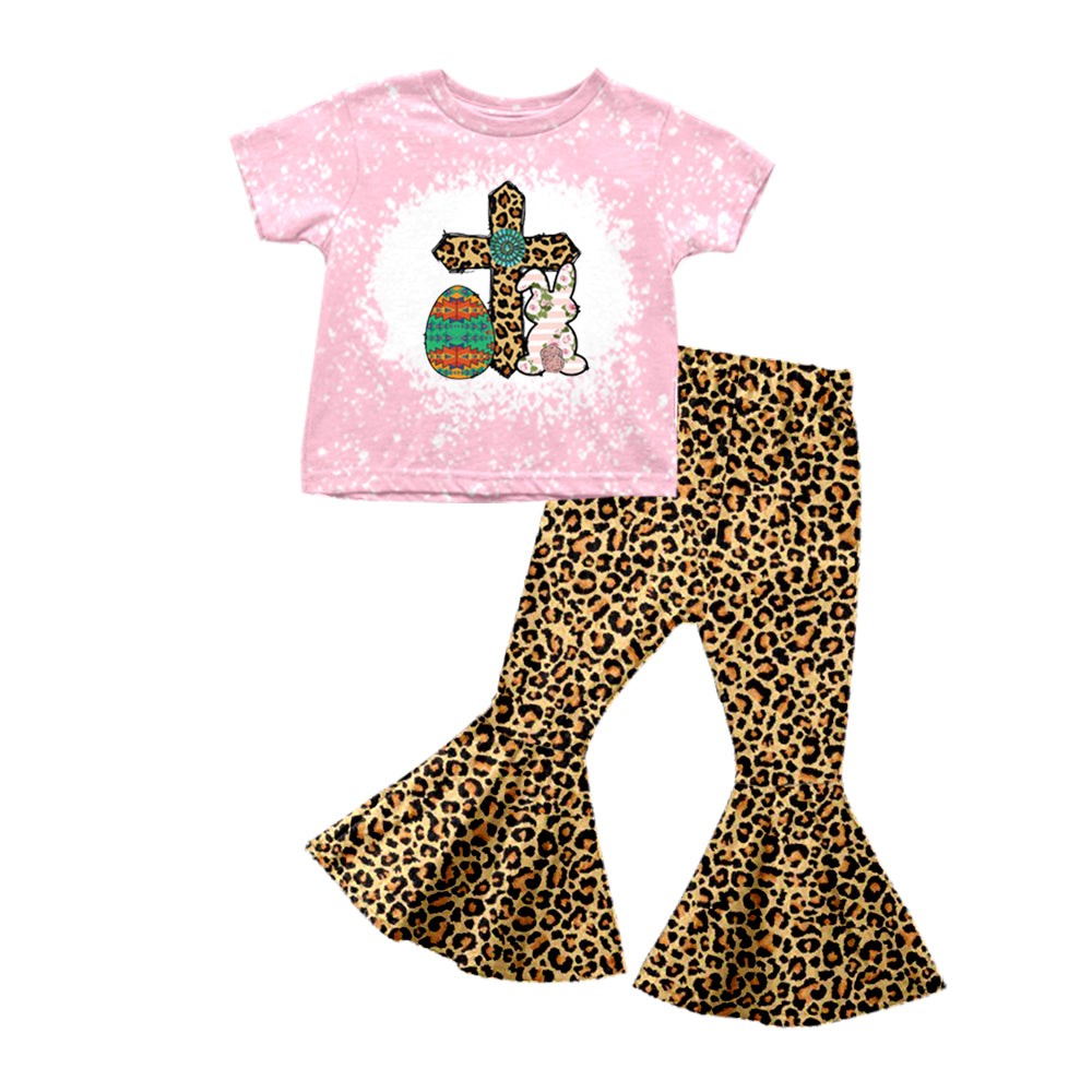 Egg cross bunny top leopard pants girls easter clothing