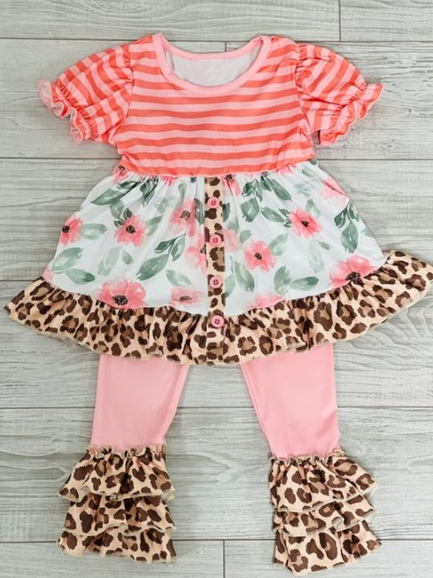 Short sleeves floral leopard tunic ruffle pants girls clothing