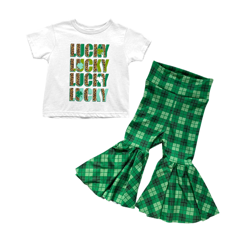 Lucky leopard clover top green plaid pants girls st patrick's clothes