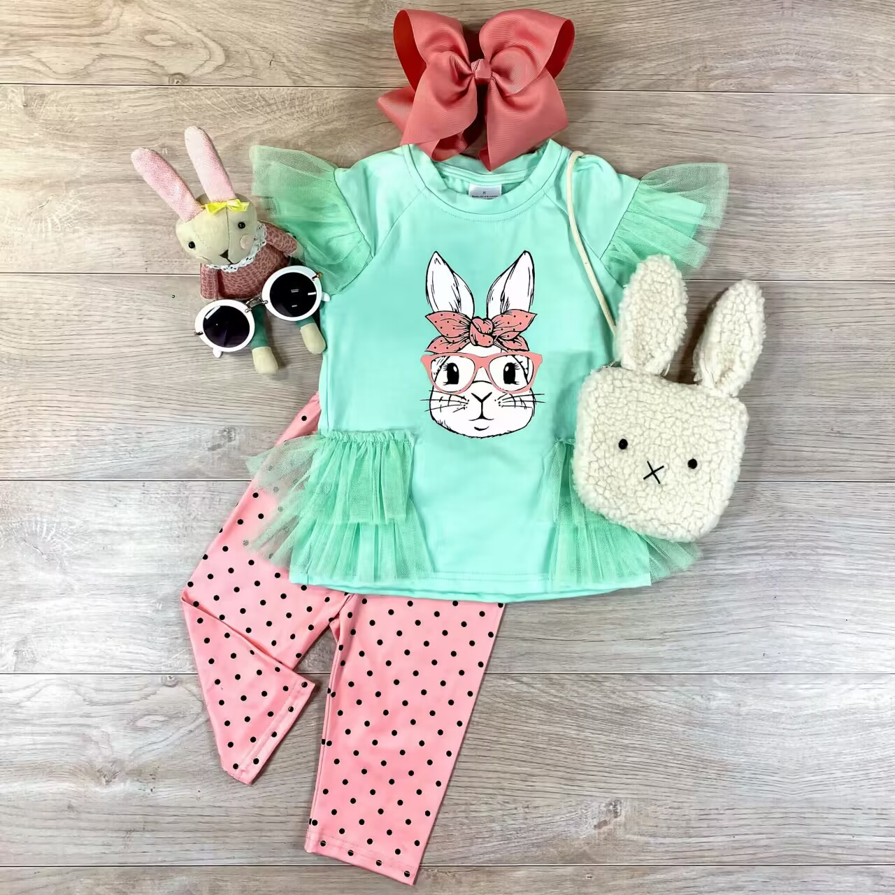 Rabbit bow tulle shirt leggings girls easter clothing