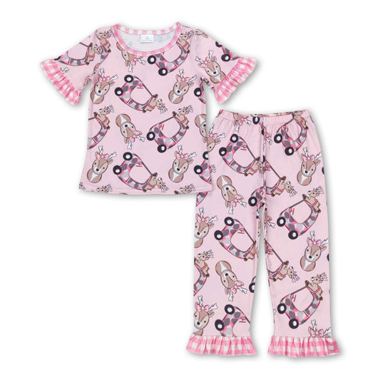 Pink short sleeves deer camo top pants girls pajamas