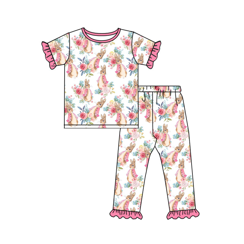 Short sleeves pink floral rabbit girls easter pajamas