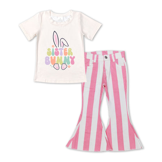 Sister bunny top pink stripe jeans easter girls outfits