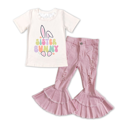 Sister bunny top pink distressed jeans easter girls outfits
