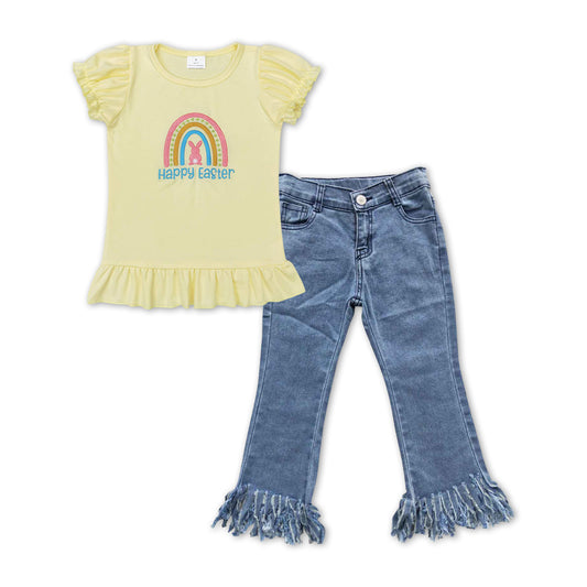 Happy easter rainbow embroidery top jeans girls outfits