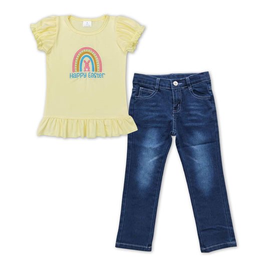 Happy easter bunny embroidery top jeans girls outfits