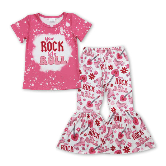 Pink guitar floral roller skates kids grils clothing set