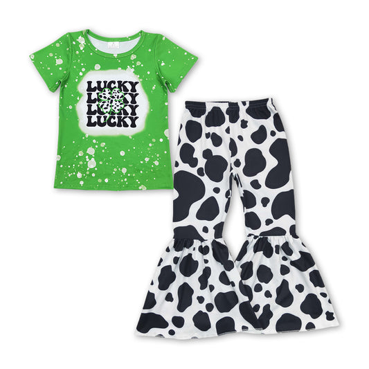 Green lucky top cow print pants girls st patrick's clothes