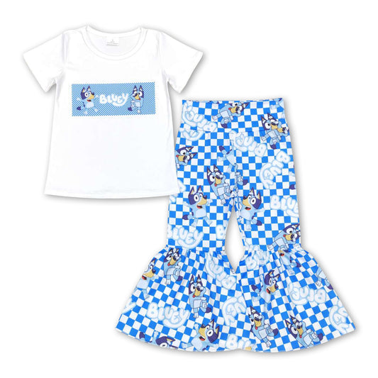 Blue dog top plaid bell bottom pants girls clothes