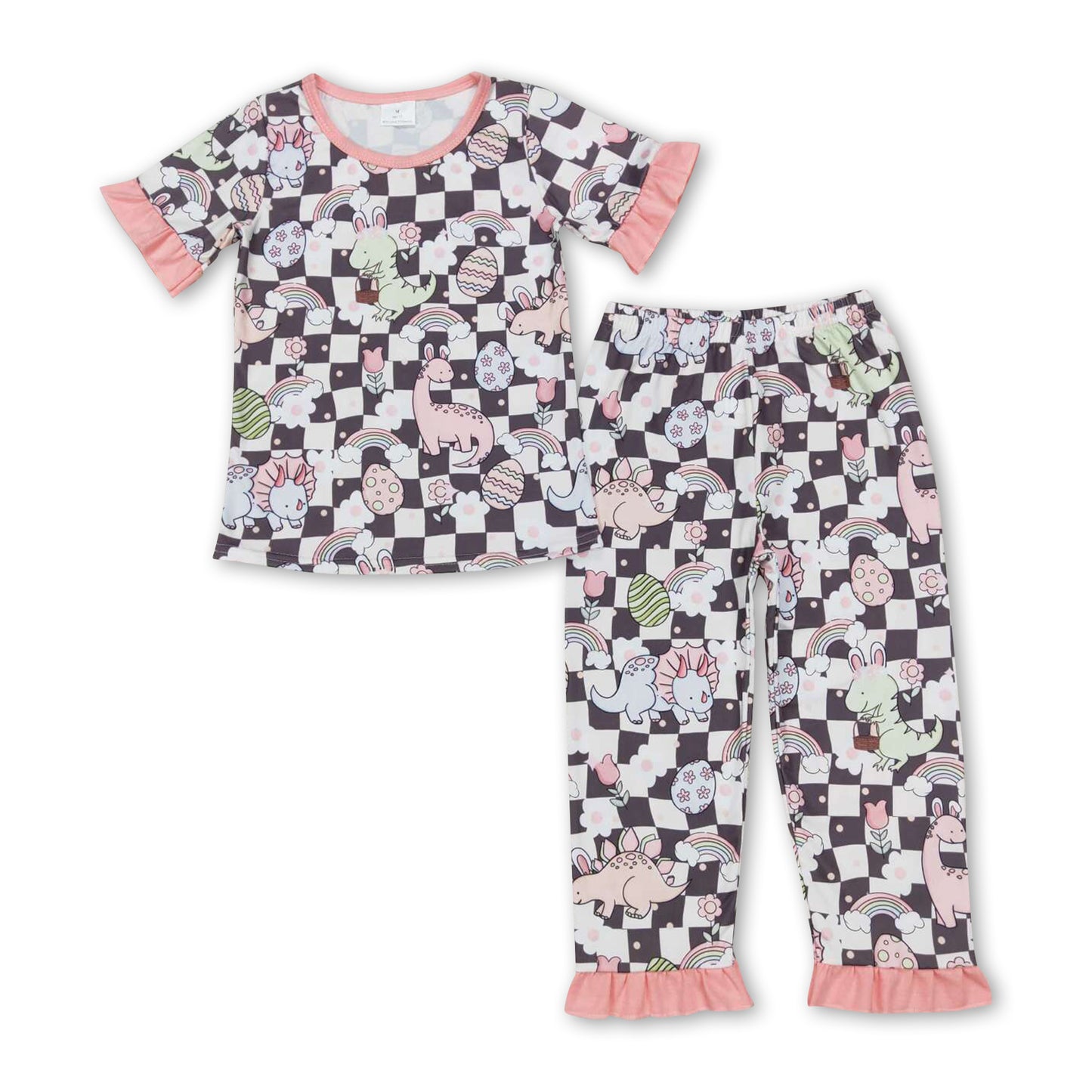 Pink plaid flower dinosaur eggs girls easter pajamas