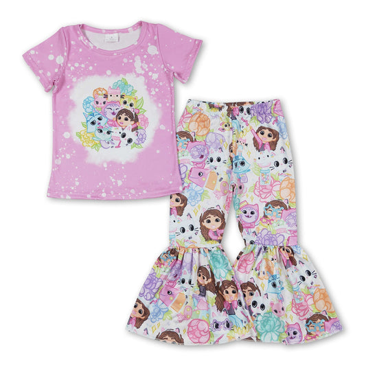 Pink bleached floral cat top pants girls clothing set