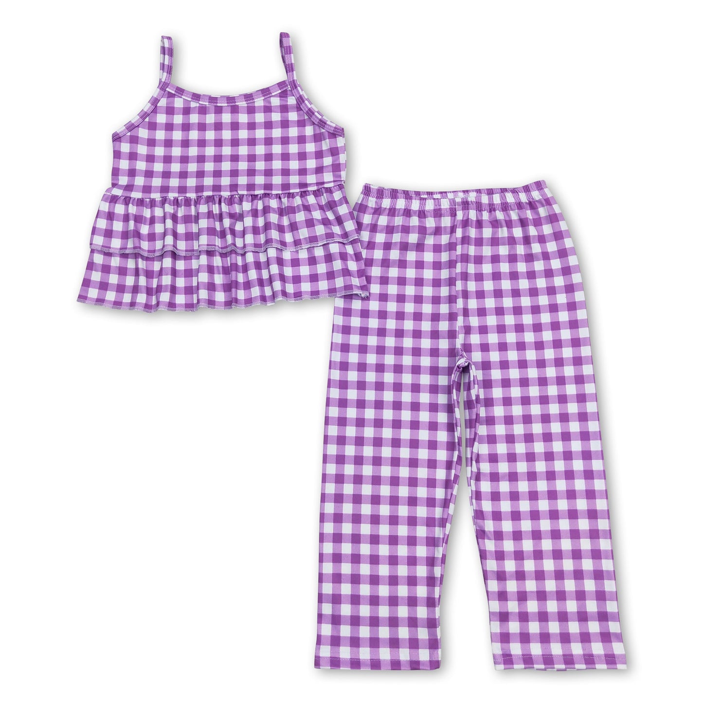 Sleeveless purple plaid ruffle top pants girls outfits