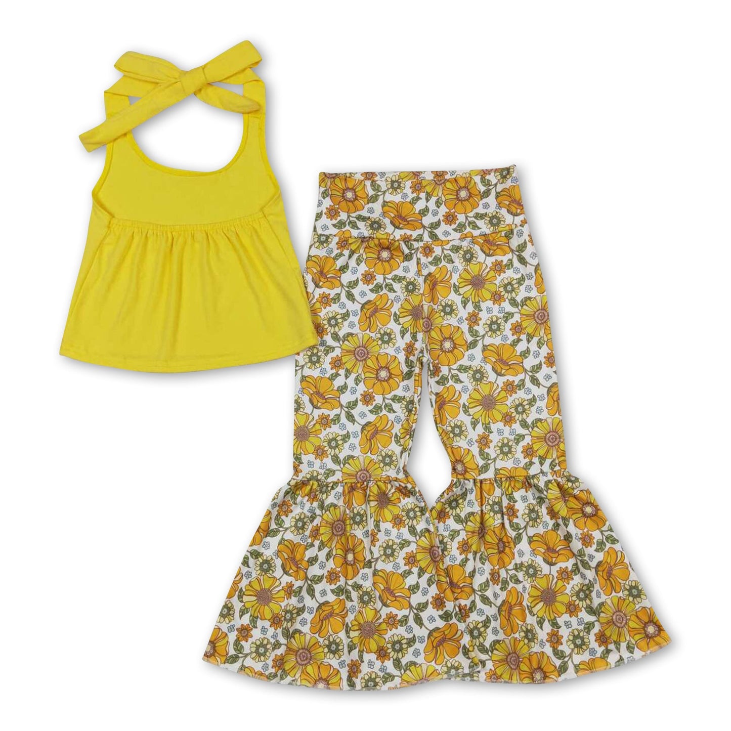 Yellow halter top floral bell bottom pants girls clothes
