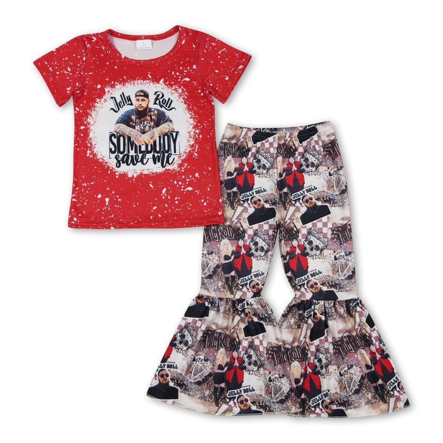 Red bleached top bell bottom pants singer girls set